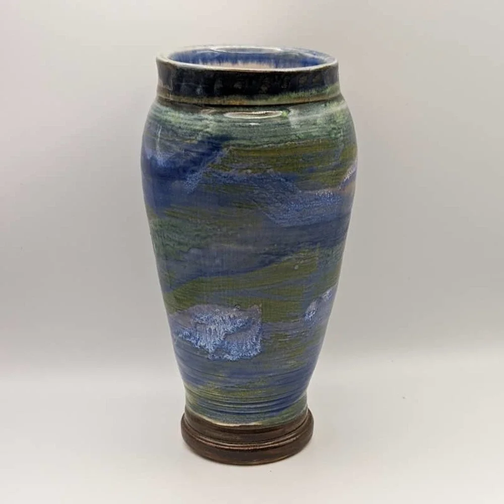 Vintage Studio Pottery Vase with Blues Teals Greens Signed Cynthia Young